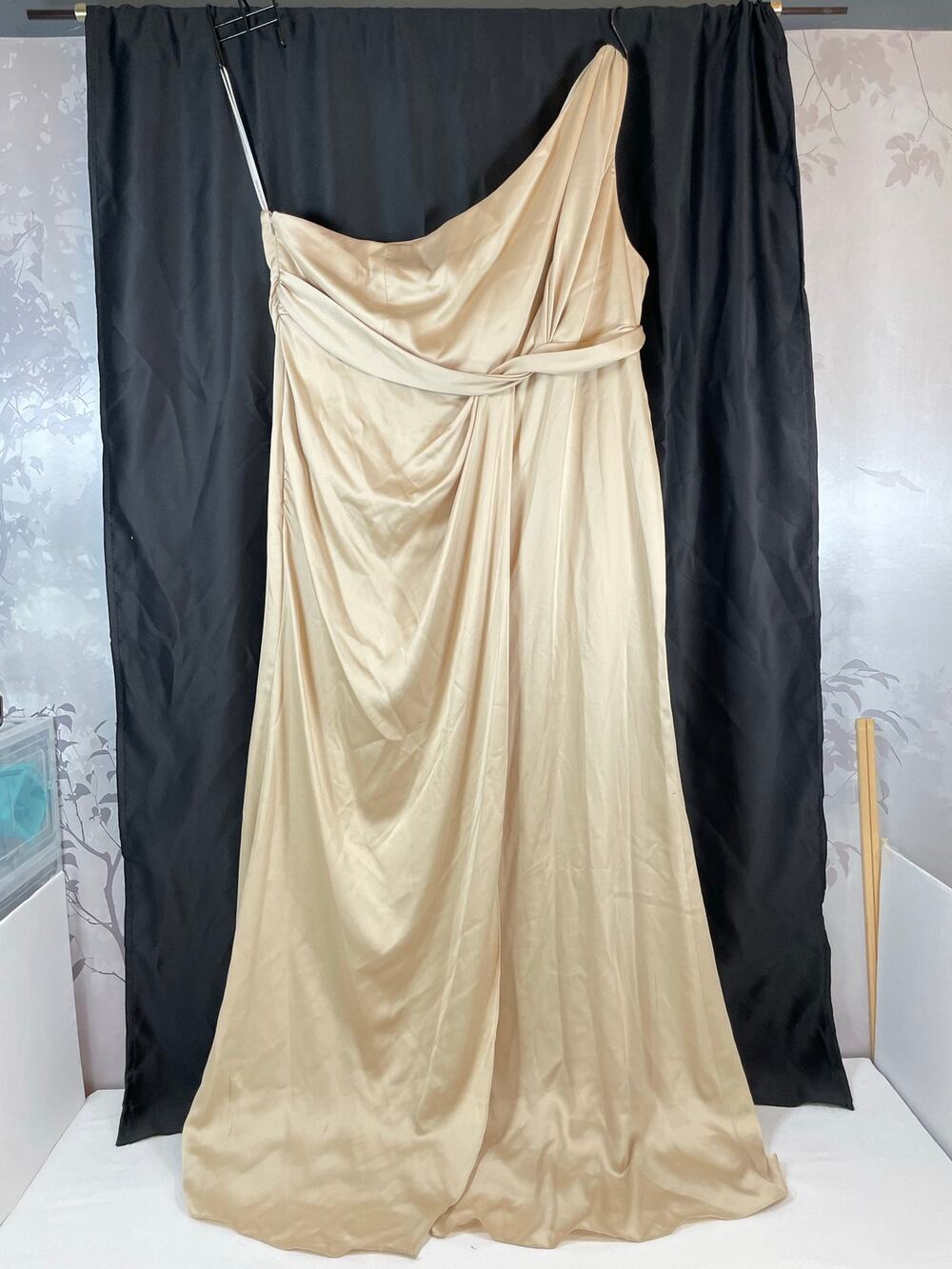 Dessy Collection One Shoulder Satin Maxi Gown Champagne 24 NWT Formal Evening